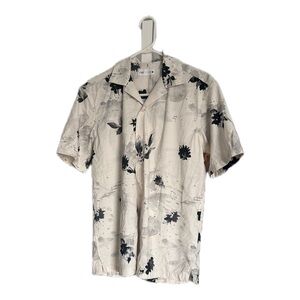 Zara Men Cream Short-Sleeve Floral Button-Down Shirt with Black Print